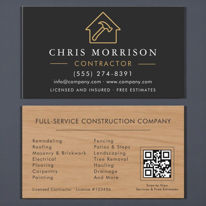 Wood Building Construction Black Gold QR Code Business Card