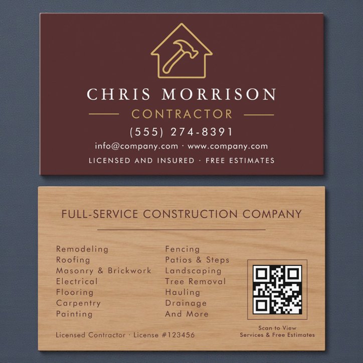 Wood Building Construction Burgundy Gold QR Code Business Card