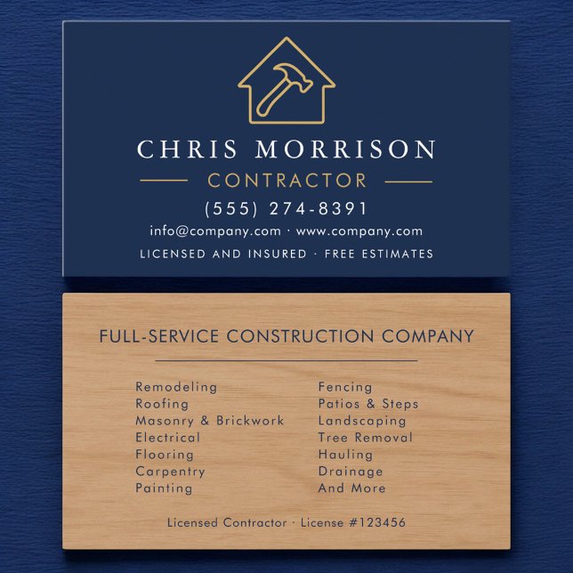 Wood Building Construction Contractor Navy Blue Business Card (Creator Uploaded)