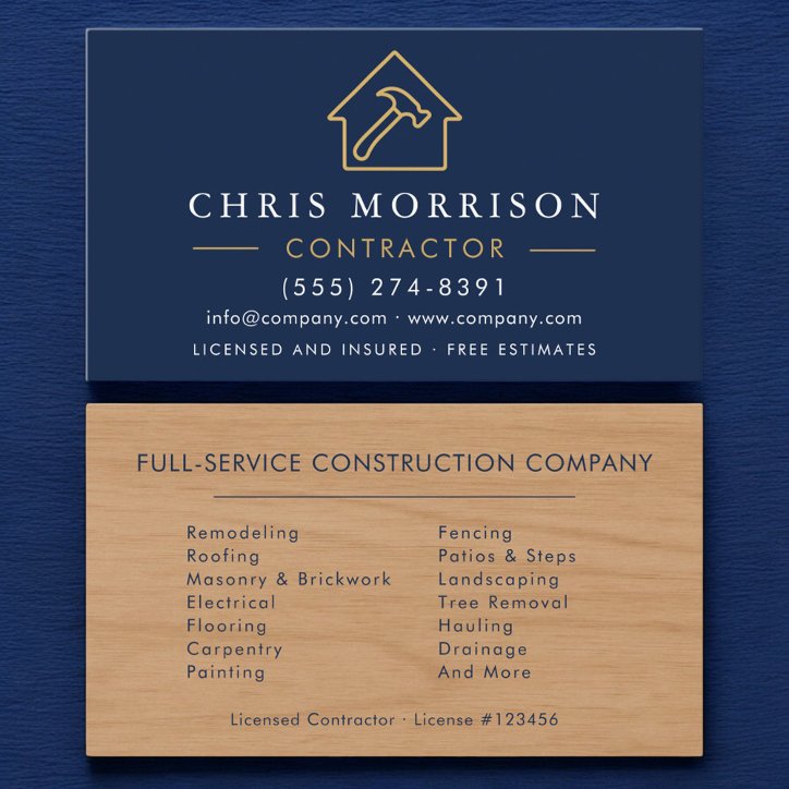 Wood Building Construction Contractor Navy Blue Business Card