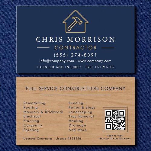Wood Building Construction Navy Blue Gold QR Code Business Card