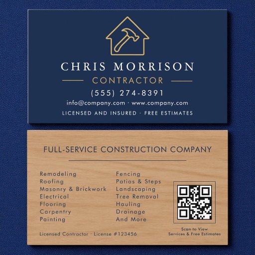 Customizable Wood Building Construction Navy Blue Gold QR Code Business Card