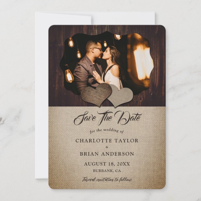 Wood Burlap Lace Country Barn Wedding Photo  Save The Date (Front)