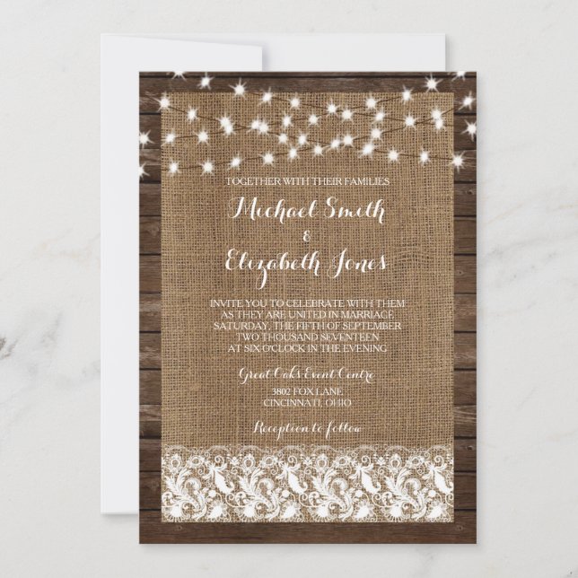 Wood Burlap Lace Lights Rustic Wedding Invitations (Front)