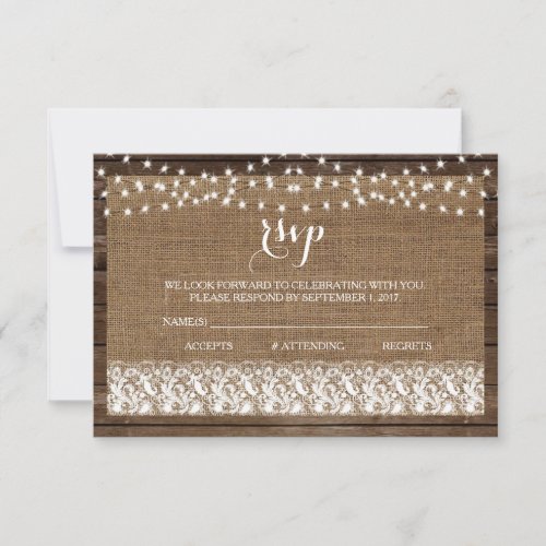 Wood Burlap Lace Lights Rustic Wedding RSVP Cards
