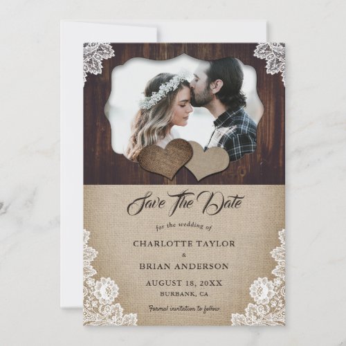 Wood Burlap Lace Wedding Save The Date Photo