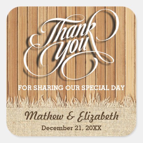 Wood Burlap Thank You Wedding Square Sticker