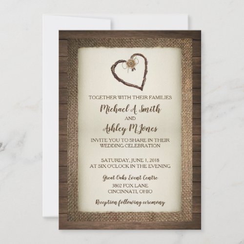 Wood Burlap  Twine Heart Wedding Invitation