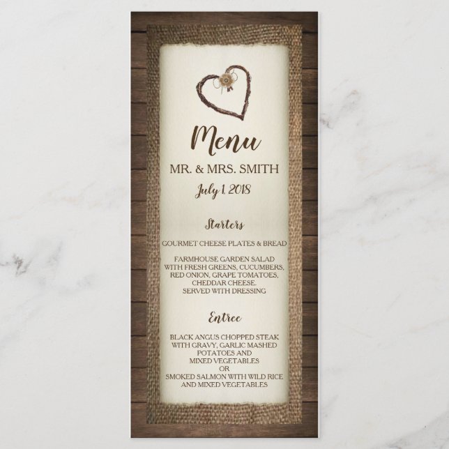 Wood, Burlap & Twine Heart Wedding Invitation Menu (Front)