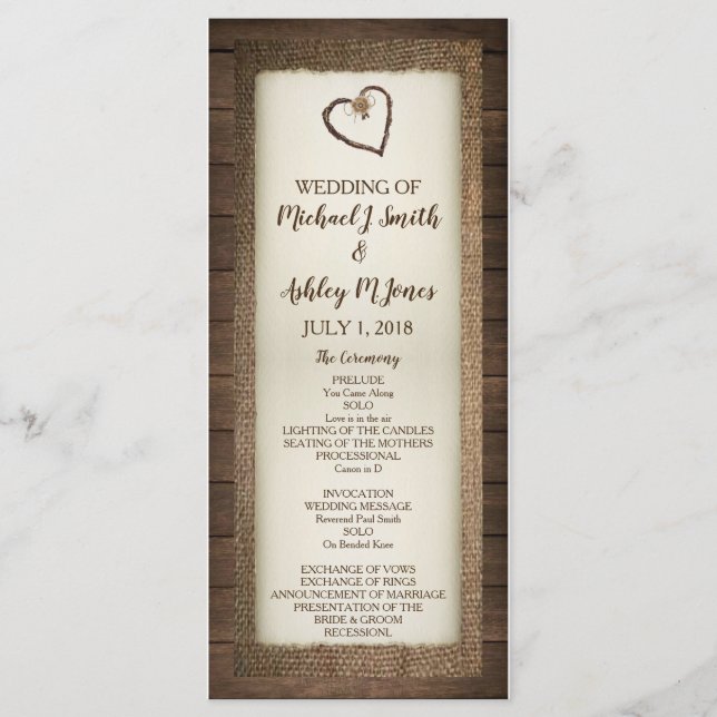 Wood, Burlap & Twine Heart Wedding Program (Front)