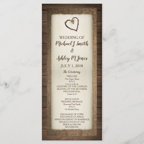 Wood Burlap  Twine Heart Wedding Program