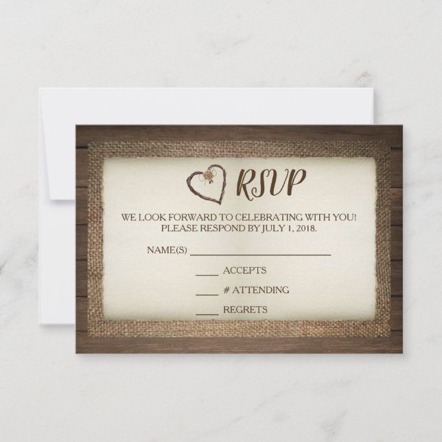 Wood, Burlap & Twine Heart Wedding RSVP Card (Front)