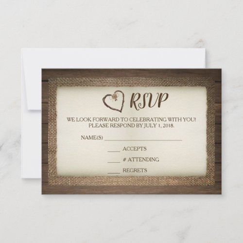 Wood Burlap  Twine Heart Wedding RSVP Card