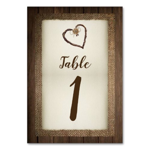 Wood Burlap  Twine Heart Wedding Table Numbers