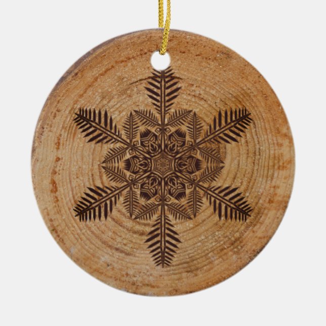 Wood Burn Snowflake Ceramic Ornament (Front)