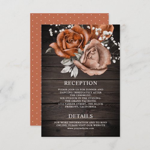 Wood Burnt Orange Rose Terracotta Wedding Details Enclosure Card