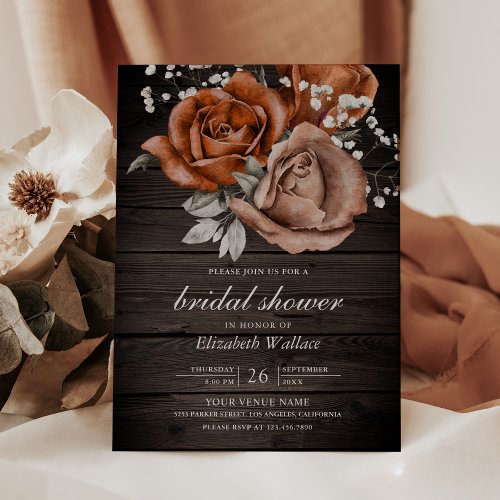 Wood Burnt Orange Roses Terracotta Bridal Shower Invitation