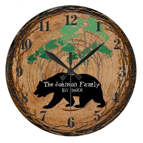 Wood Cabin with Black Bear Large Clock