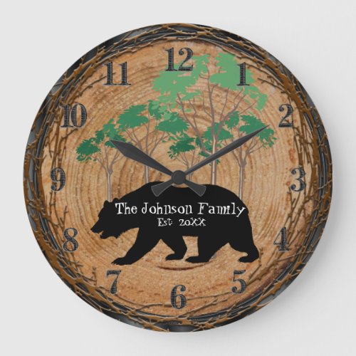 Wood Cabin with Black Bear Large Clock