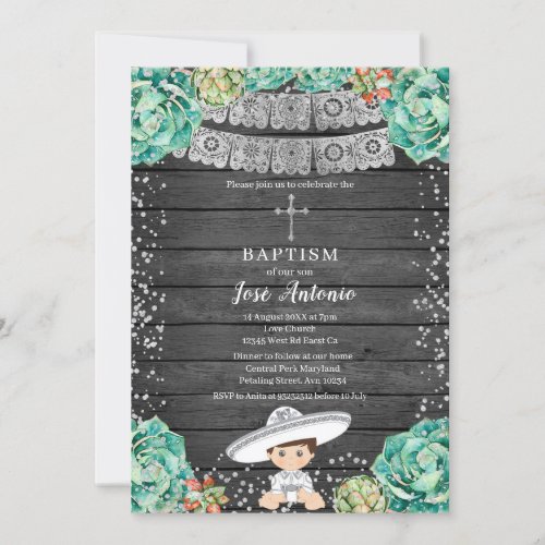 Wood Cactus Silver Glitter Fiesta Boy Baptism Invitation