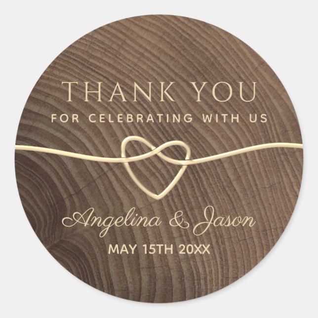 Wood Calligraphy Wedding Thank You Favor Classic Round Sticker (Front)