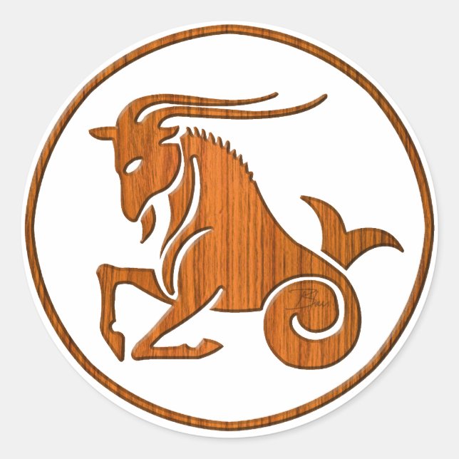 Wood Capricorn Zodiac Sea Goat Astrology Sign Classic Round Sticker (Front)