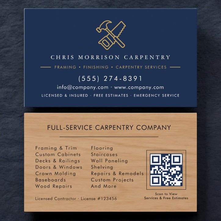 Wood Carpentry Service Hammer Saw QR Code Business Card