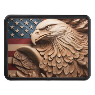 Wood carved American flag Bald Eagle Hitch Cover