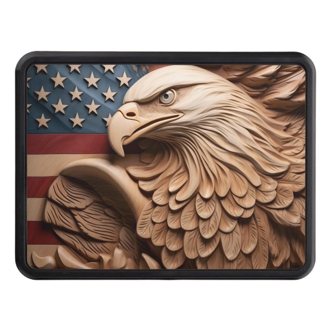 Wood carved American flag Bald Eagle Hitch Cover (Front)