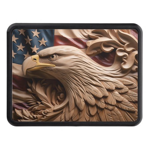 Wood carved American flag Bald Eagle Hitch Cover