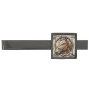 Wood Carved Horse Rope Stall Gunmetal Finish Tie Bar