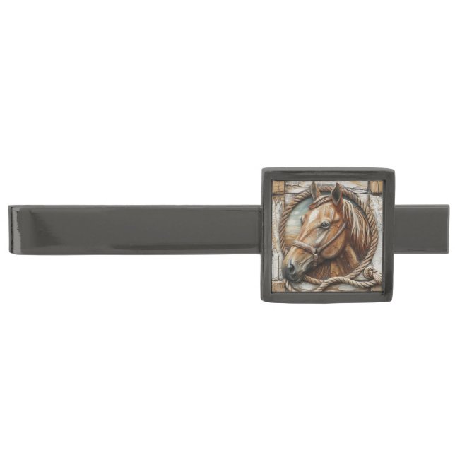 Wood Carved Horse Rope Stall Gunmetal Finish Tie Bar (Front)
