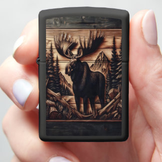 Wood carved Moose in the Wild Zippo Lighter