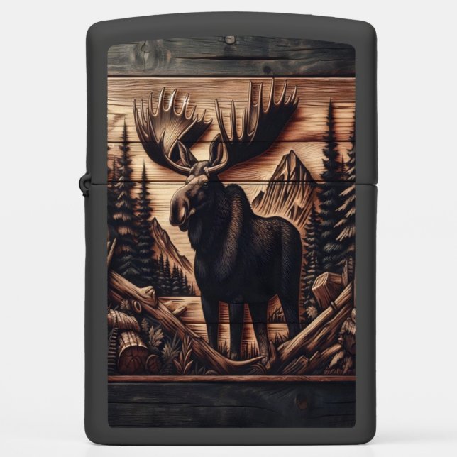 Wood carved Moose in the Wild Zippo Lighter (Front)