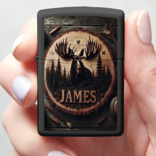 Wood carved Moose Sign Zippo Lighter