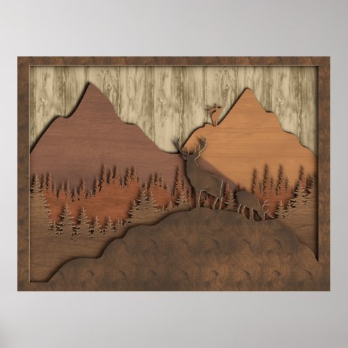 Wood Carving Mountain Scene Digital Art Poster