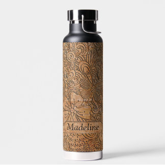 Wood Carvings Floral Pattern Add Name Water Bottle