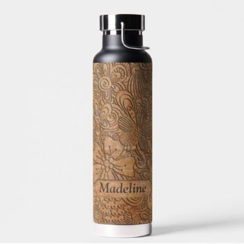 Wood Carvings Floral Pattern Add Name Water Bottle by ironydesigns at Zazzle