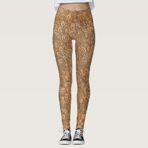 Wood Carvings Floral Pattern Design Leggings