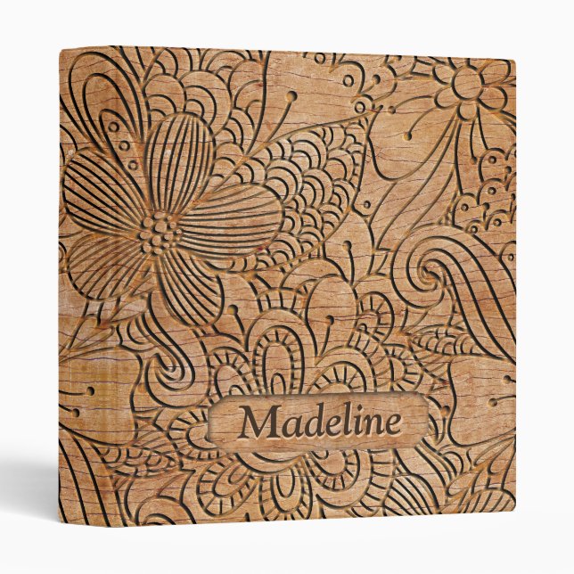 Wood Carvings Floral Pattern Personalized 3 Ring Binder (Front/Spine)