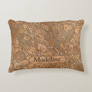 Wood Carvings Floral Pattern Personalized Accent Pillow by ironydesigns at Zazzle