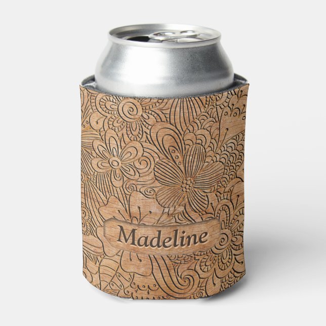 Wood Carvings Floral Pattern Personalized Can Cooler (Can Front)
