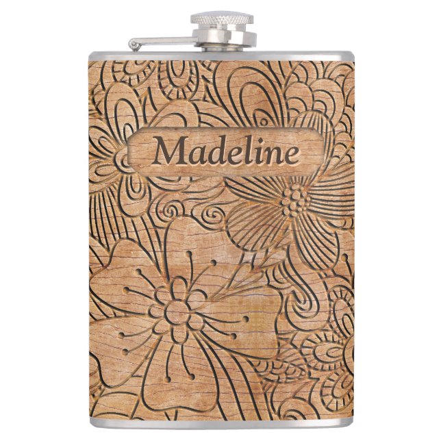 Wood Carvings Floral Pattern Personalized Flask (Front)