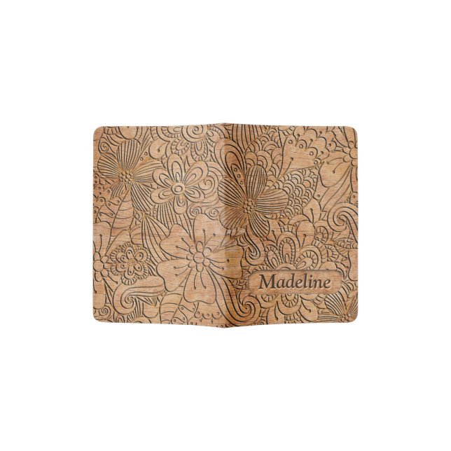 Wood Carvings Floral Pattern Personalized Passport Holder (Opened)