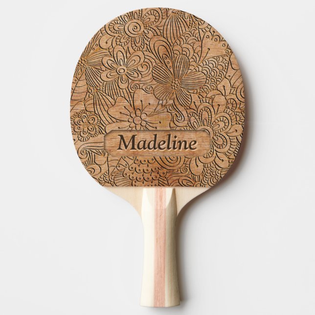 Wood Carvings Floral Pattern Personalized Ping Pong Paddle (Front)