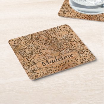 Wood Carvings Floral Pattern Personalized Square Paper Coaster by ironydesigns at Zazzle