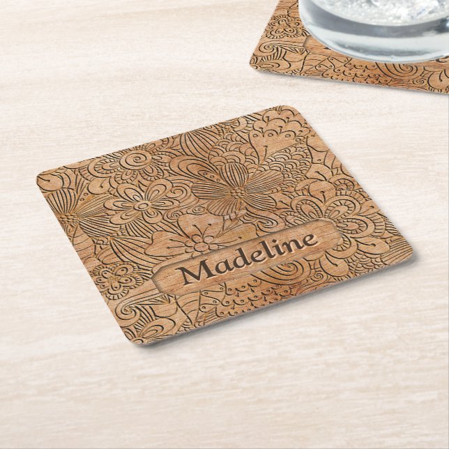 Wood Carvings Floral Pattern Personalized Square Paper Coaster (Angled)