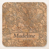 Wood Carvings Floral Pattern Personalized Square Paper Coaster (Front)