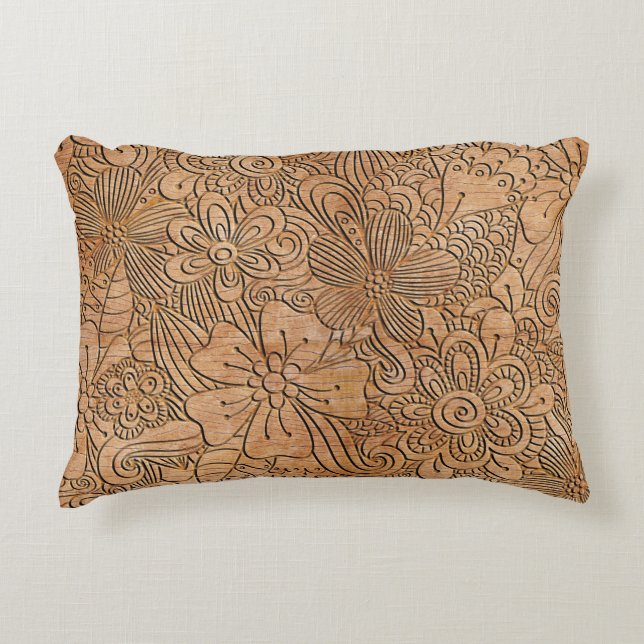 Wood Carvings Floral Pattern Rustic Accent Pillow (Front)