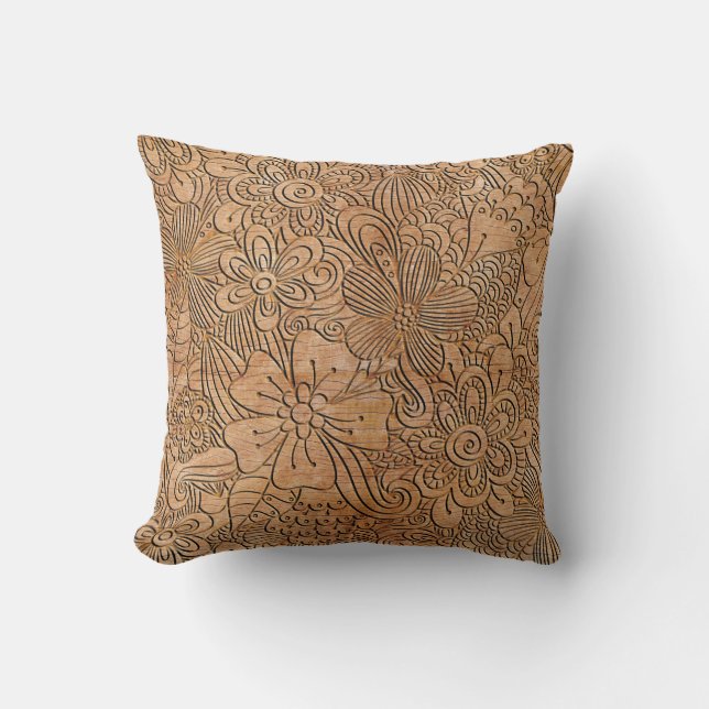 Wood Carvings Floral Pattern Rustic Throw Pillow (Front)